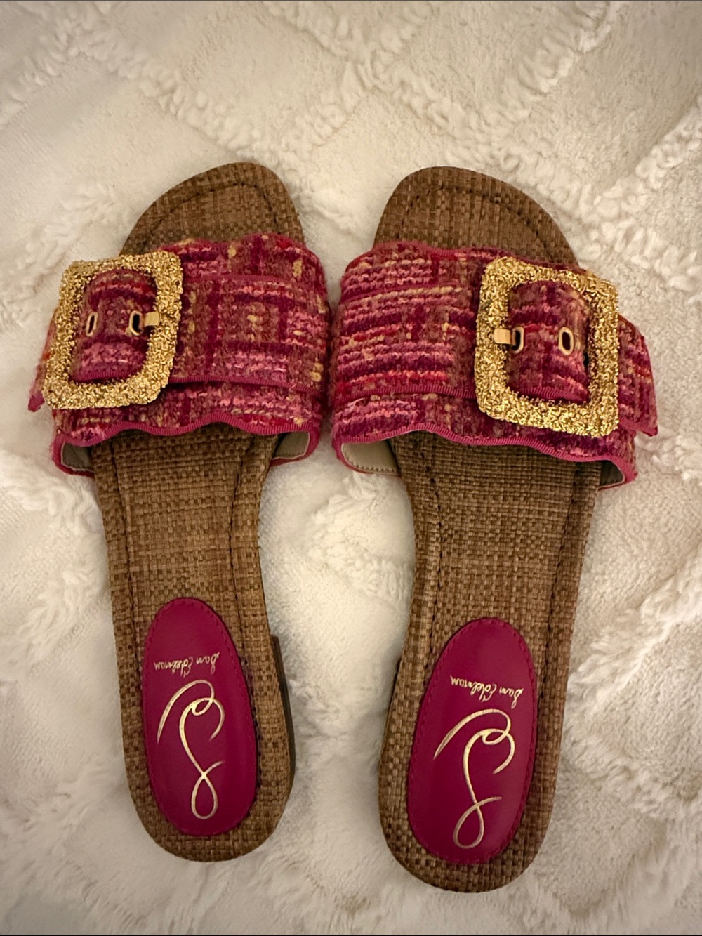 Sam Edelman Pink Tweed Slide Sandals with Gold Buckle